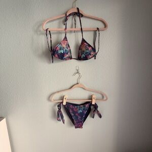 COIBA TROPICAL BLUE TRIANGLE STRING STRAPPY SWIM BIKINI TOP + TIE BOTTOM SMALL